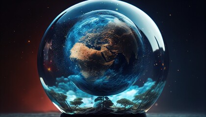 nature world in miniature in glass ball abstract drawn illustration of planet earth for earth day