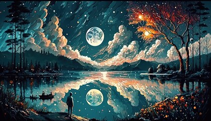 Wall Mural - paint like illustration of glass mirror like water surface reflected full moon in water, Generative Ai