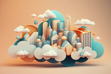 Cloud City Concept With 3D Flat Pastel Colors. Colorful Paper Like City With Buildings And Clouds. Ai Generated