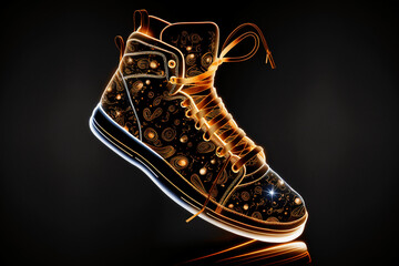 Stylish sneakers on black background. Glowing creative Generative AI