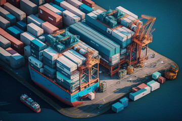 Wall Mural - Shipping Container Port Illustration with giant cargo ships. Ai generated