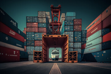 Wall Mural - Shipping Container Port Illustration with giant cargo ships. Ai generated