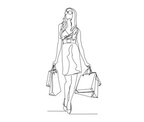 Wall Mural - Continuous one line drawing of pretty woman and holding paper bags after shopping . Young woman holding shopping bags line art vector illustration.