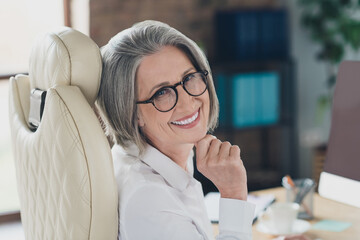 Sticker - Profile photo of positive satisfied aged lady attorney sit leather chair hand touch chin beaming smile office room inside