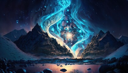 Wall Mural - mountain with light glow the gate of other dimension explode over mountain 