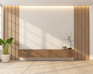 Wall Mural - Japan style living room decorated with minimalist tv cabinet, white wall and wood slat wall. 3d rendering