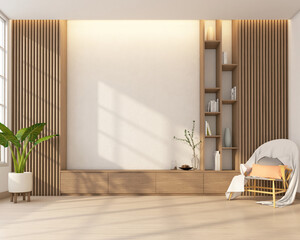 modern japan style living room decorated with minimalist tv cabinet and bookshelf, white wall and wo