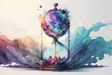 Watercolor hourglass meditation and mindfullnes lifestyle time and space concept art, spiritual awerness, mental soul health, self care, healthy habit, relief generative ai	