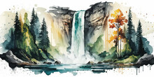 Watercolor Waterfall Landscape, Paiting Style Mountains Falls Backdrop Poster, Generative Ai