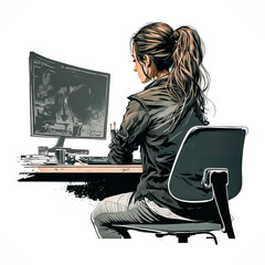 A young woman working on a computer, generative AI.