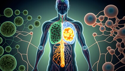medical illustration of a human body with cells and organs