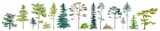 Fototapeta Dinusie - Watercolor tree set. Green pine, beige bush, blue spruce, lush ash