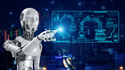 Robot on a modern city background. A concept of artificial intelligence for the industrial revolution and the automation of manufacturing processes.