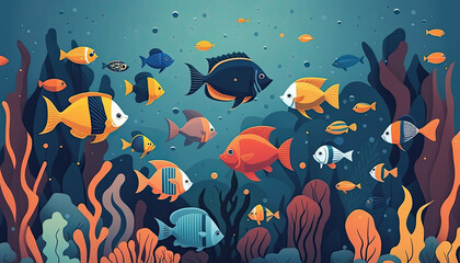 Underwater - Minimalistic flat design landscape illustration. Image for a wallpaper, background, postcard or poster. Generative AI