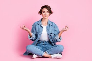 Poster - Full length photo of sweet charming lady dressed denim jacket closed eyes enjoying yoga isolated pink color background