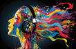 © Dinusha - brightly colored head-wearing headphones, with waves of sound and emotion emanating from the headphones and surrounding the head. the image evokes a sense of freedom, and creativity.