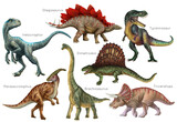 Fototapeta Dinusie - Dinosaur set. Stegosaurus, Dimetrodon, Velociraptor, Triceratops, Brachiosaurus, Tyrex, Parasaurolophus