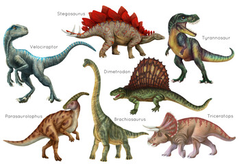 Dinosaur set. Stegosaurus, Dimetrodon, Velociraptor, Triceratops, Brachiosaurus, Tyrex, Parasaurolophus