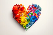 Rainbow Color Heart Made Of Flowers Isolated On White Background. This Illustration Represents Concept Of Love For LGBTQ, Gay, Lesbian, Pride And Bisexsual. Digital Illustration Generative AI.