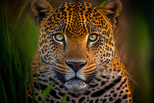 Close Up Portrait Of A Leopard. Dangerous Predator In Natural Habitat. Wildlife Scene. Digital Ai Art