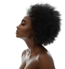 Wall Mural - Face Profile of African Beauty Woman with Afro Hairstyle. Dark Skinned Model Side view Portrait over White Background. Women Facial and Body Care Spa Cosmetology Cosmetics