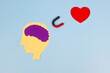 Human brain, magnet, heart metaphor symbolise as subconscious mind send energy law of attraction, like attract like. Subconscious mind send the vibration. Attract romance, love, relationship.
