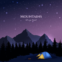 Wall Mural - night landscape. tent, bonfire, forest, mountains on the background of the starry sky. vector illust