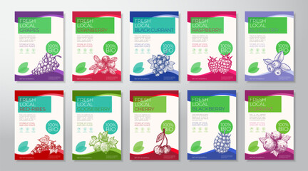 Wall Mural - Fresh Local Berries Label Templates Collection. Abstract Vector Food Packaging Design Layouts Set. Banners with Hand Drawn Grapes, Cranberry, Gooseberry, Cherry Sketch Silhouette Backgrounds Isolated
