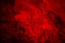 Black Blood Red Grunge Or Horror Background. Old Rough Concrete Distressed Texture. The Wall Of The Building With Cracks. Close-up. Crushed Broken Damaged Surface. Creepy Spooky Halloween Concept.