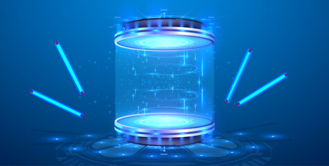 Poster - Circle portals, teleport, hologram gadget. Blank display, stage or magic portal, podium for show product in futuristic cyberpunk or hud style. Sky-fi digital hi-tech elements for presentation product.