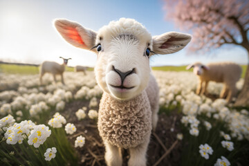 A cute baby spring lamb in a field of spring flowers. Generative ai