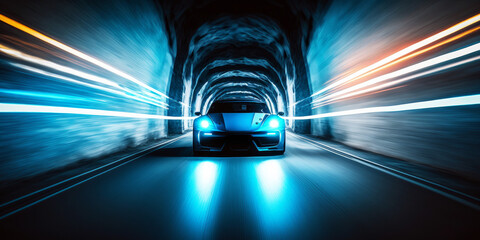 Wall Mural - a modern car speeding through a tunnel with neon glowing motion blur lights. generative ai