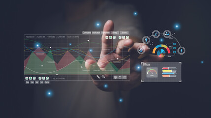 Wall Mural - young entrepreneur using big data analysis and cloud technology to collect customer data and display