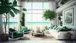 Une maison de plage d'été en bois de plantes vert clair moderne avec des meubles, generative ai, un intérieur orange de relaxation et un voyage de luxe avec vue tropicale, fond d'océan