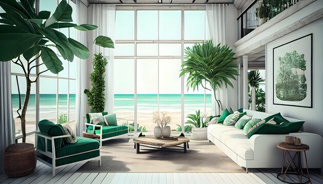 une maison de plage d'été en bois de plantes vert clair moderne avec des meubles, generative ai, un 