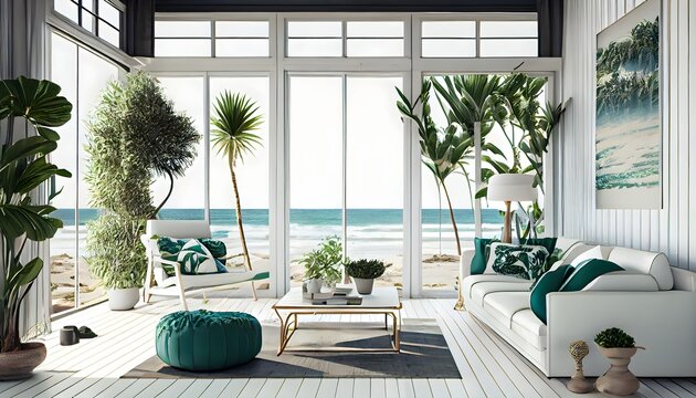 une maison de plage d'été en bois de plantes vert clair moderne avec des meubles, generative ai, un 
