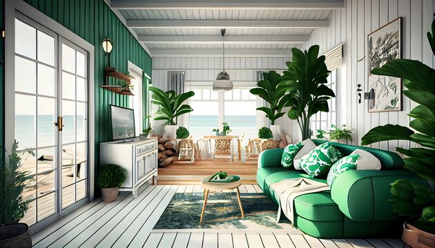 ein modernes, hellgrünes sommer-strandhaus aus holz mit möbeln, generativer ai, entspannendem orange