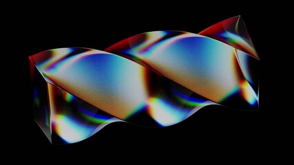 Dynamic animation of a twisted glass figure. The effect of light dispersion on a glass surface. Retro abstract animation with noise effect. 3d illustration