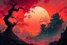 Halloween Background With Castle And Moon In Red Color Effect. Generative AI.