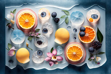 Background Of Beautiful Fruit Slices On Frozen Surface With Flowers And Leaves. Generative AI