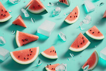 Background Of Beautiful Watermelon Fruit Slices On Frozen Surface. Generative AI