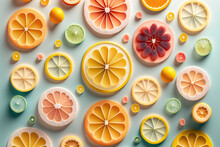 Background Of Beautiful Fruit Slices On Frozen Surface. Generative AI