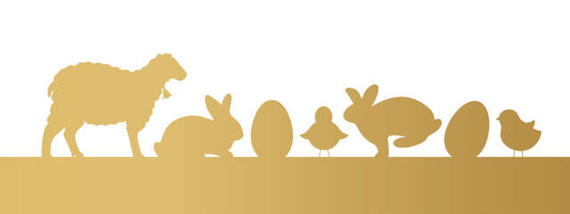 Wall Mural - golden banner with easter animals and eggs- vector illustration