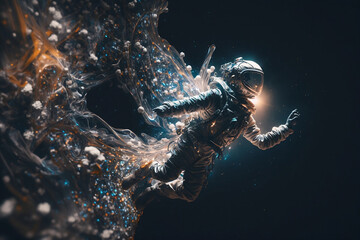 Wall Mural - Astronauts flying in space with energy light. Galaxy with the solar system. Swirl light effect. Generative AI.