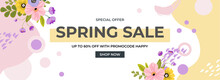 Spring Sale, Hello Spring Banner With Vivid Bright Flowers And Abstract Shapes For Template, Banner, Flyer, Poster, Invitation, Brochure Design. Vector Illustration