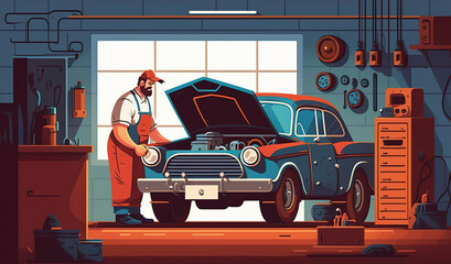 Car mechanic working in his workshop. Car repair service. AI generated vector illustration.