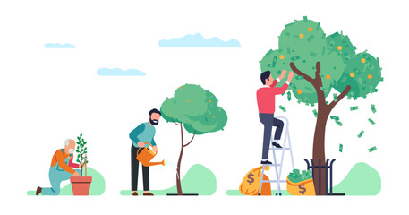 Wall Mural - Achieving results by different generations from old man to young guy. Man caring of money tree. Investment profit growth. Financial strategy. Family economy success. Vector concept