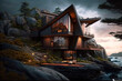 © ADDICTIVE STOCK - Awesome design of modern wooden house in a beautiful scenery near lake at dawn. Generative IA