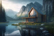 © ADDICTIVE STOCK - Awesome design of modern wooden house in a beautiful forest near lake. Generative IA