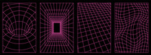 Geometry Wireframe Grid Backgrounds In Neon Pink Color. 3D Abstract Posters, Patterns, Cyberpunk Elements In Trendy Psychedelic Rave Style. 00s Y2k Retro Futuristic Aesthetic.